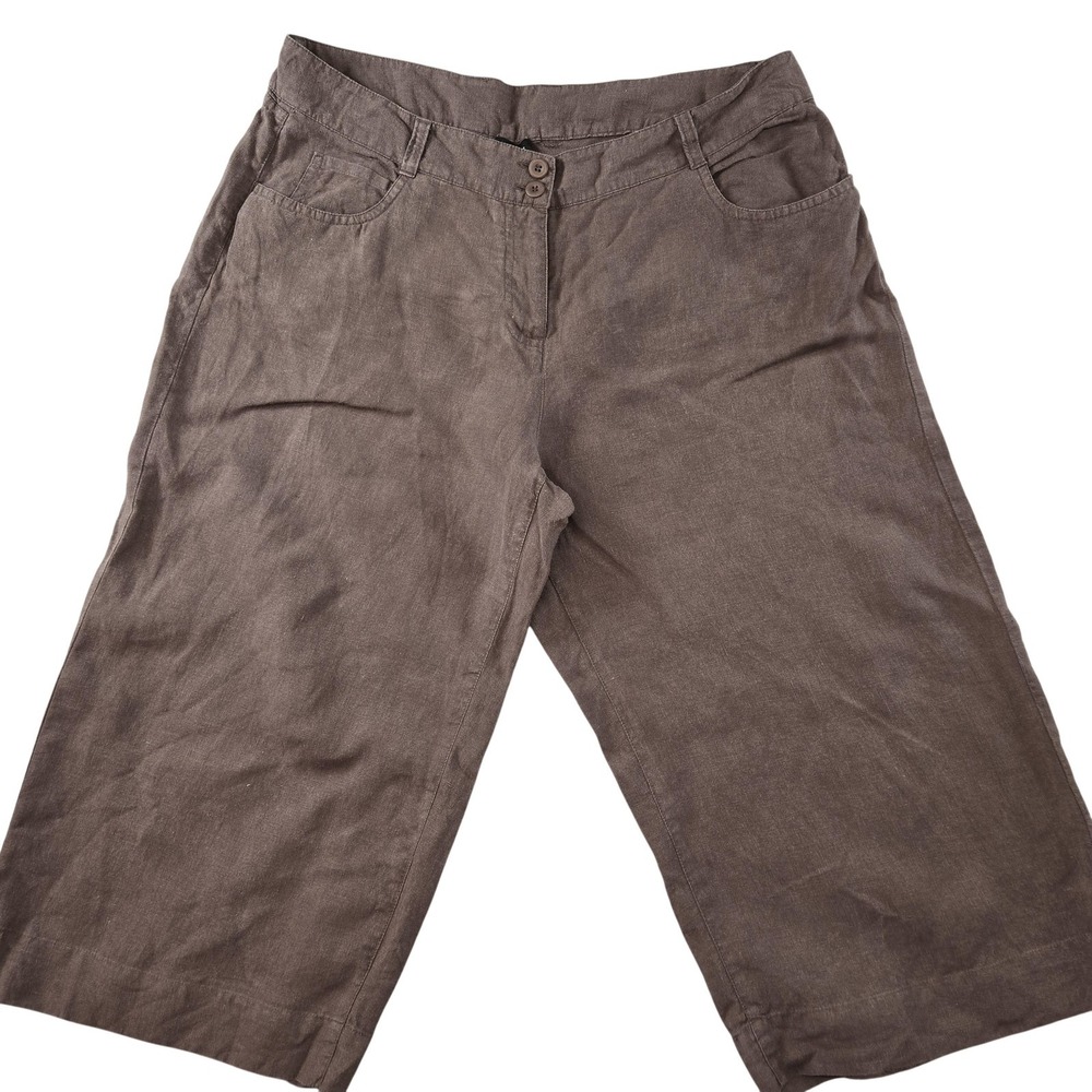 Eileen Fisher Shorts Womens Medium Brown Cropped Wide-Leg Linen Belted Relaxed